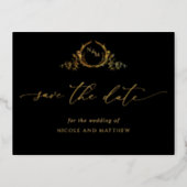 Elegant Wedding Save The Date Black and Real Gold Foil Invitation Postcard (Front)