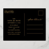 Elegant Wedding Save The Date Black and Real Gold Foil Invitation Postcard (Back)