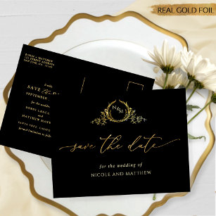 Elegant Wedding Save The Date Black and Real Gold Foil Invitation Postcard