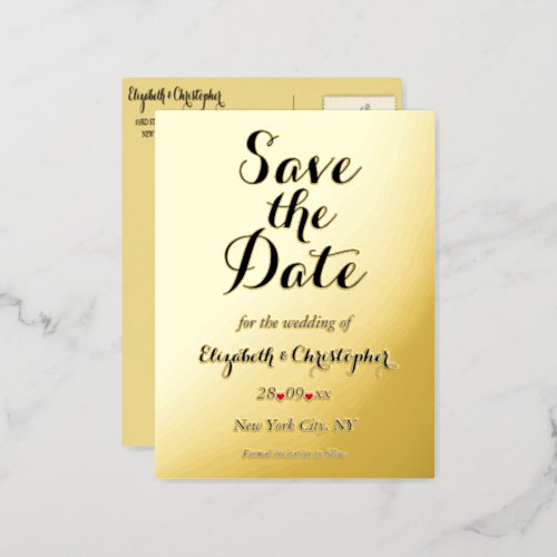 Elegant Wedding Save the Date Black Faux Gold  Foil Invitation Postcard