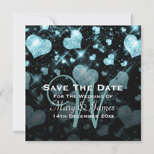 Elegant Wedding Save The Date Glitter Heart Blue (Front)