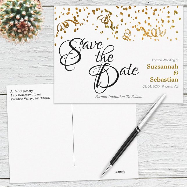 Elegant Wedding Save the Date Gold Confetti Postcard (Creator Uploaded)