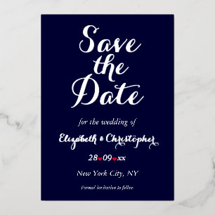 Elegant Wedding Save the Date Navy Blue Silver Foil Invitation