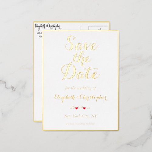 Elegant Wedding Save the Date White Faux Gold Foil Invitation Postcard