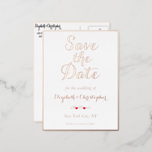 Elegant Wedding Save the Date White Rose Gold Foil Invitation Postcard