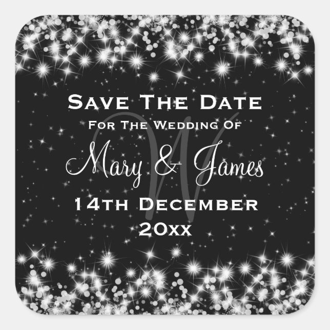 Elegant Wedding Save The Date Winter Sparkle Black Square Sticker (Front)