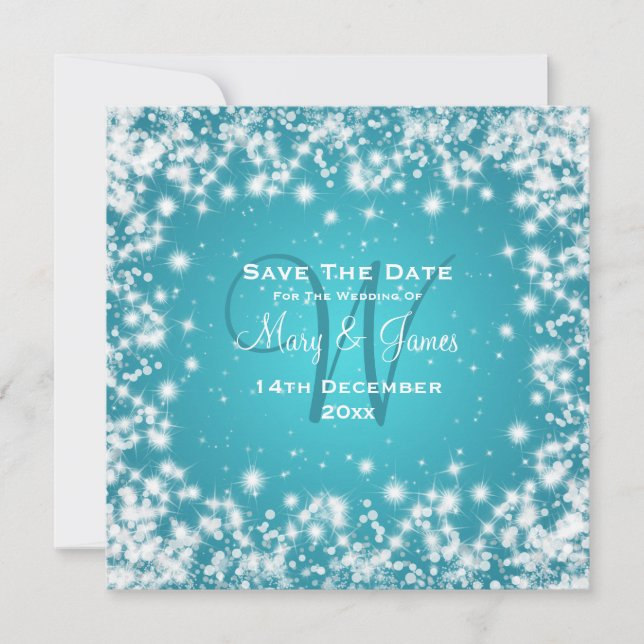 Elegant Wedding Save The Date Winter Sparkle Blue (Front)