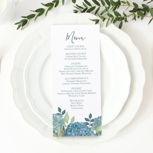 Elegant Wedding Script Blue Floral Hydrangeas  Menu