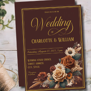 Elegant Wedding Script Brown Floral Invitation