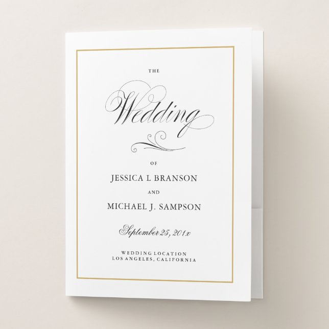 Elegant Wedding Script Gold Border Wedding Pocket Folder (Front)