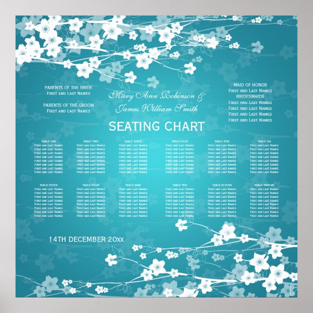 Elegant Wedding Seating Chart Cherry Blossom Blue (Front)
