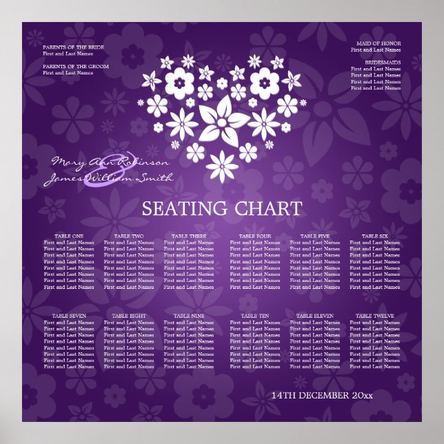 Elegant Wedding Seating Chart Flowery Heart Purple (Front)