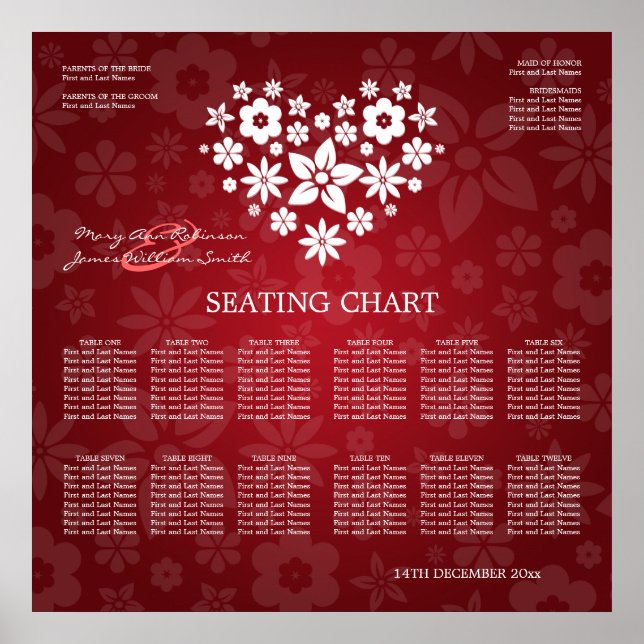Elegant Wedding Seating Chart Flowery Heart Red (Front)