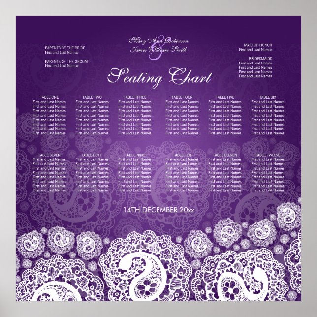 Elegant Wedding Seating Chart Paisley Lace Purple (Front)