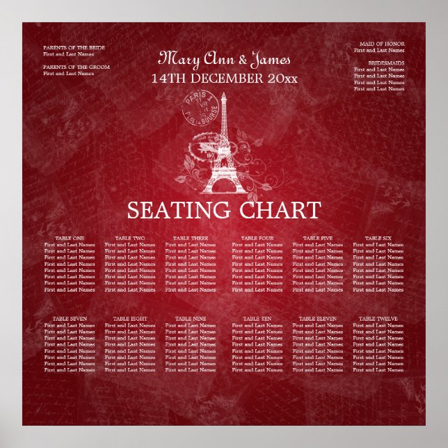 Elegant Wedding Seating Chart Paris Red (Front)