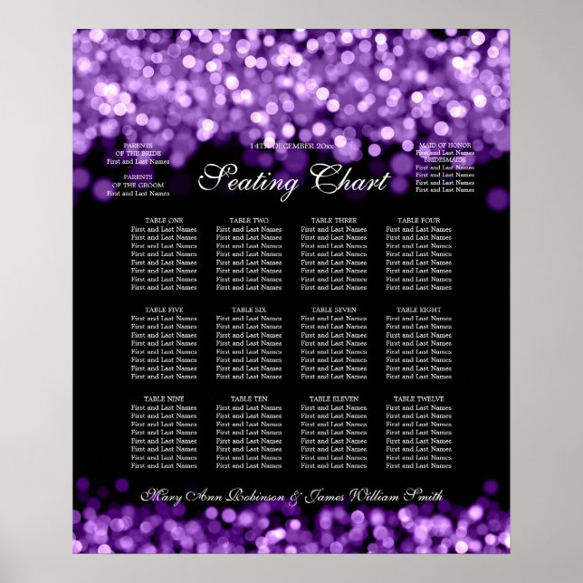Elegant Wedding Seating Chart Purple Lights (Front)
