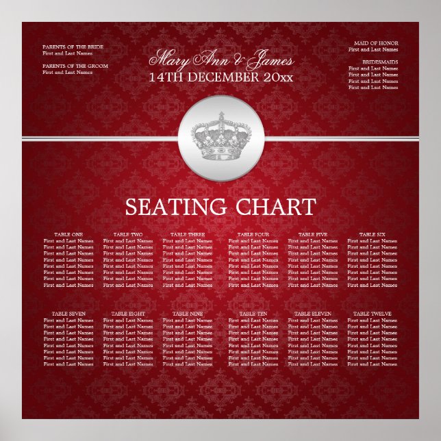 Elegant Wedding Seating Chart Royal Crown Red (Front)