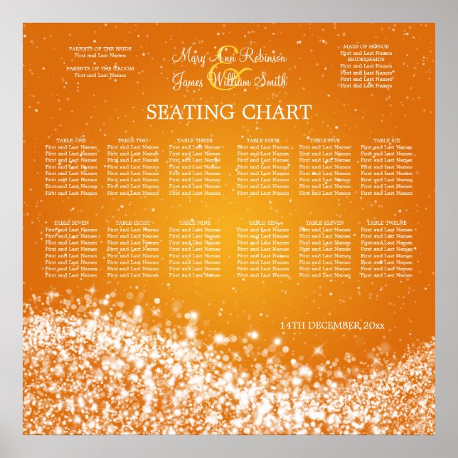 Elegant Wedding Seating Chart Sparkling Wave Orang (Front)