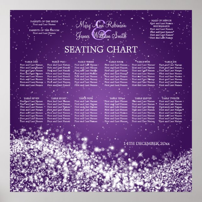 Elegant Wedding Seating Chart Sparkling Wave Purpl (Front)