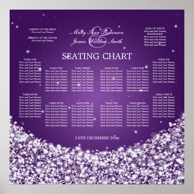 Elegant Wedding Seating Chart Star Sparkle Purple (Front)