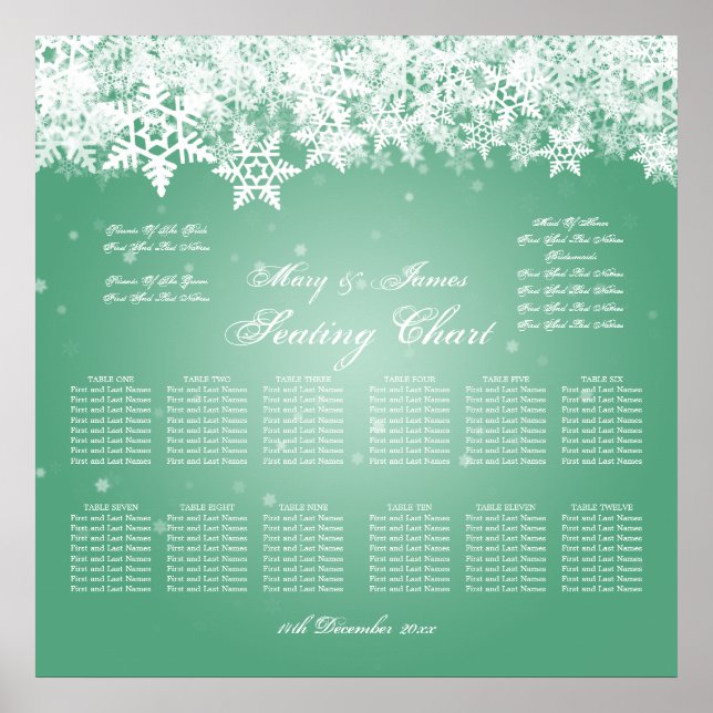 Elegant Wedding Seating Chart Winter Snow Mint (Front)