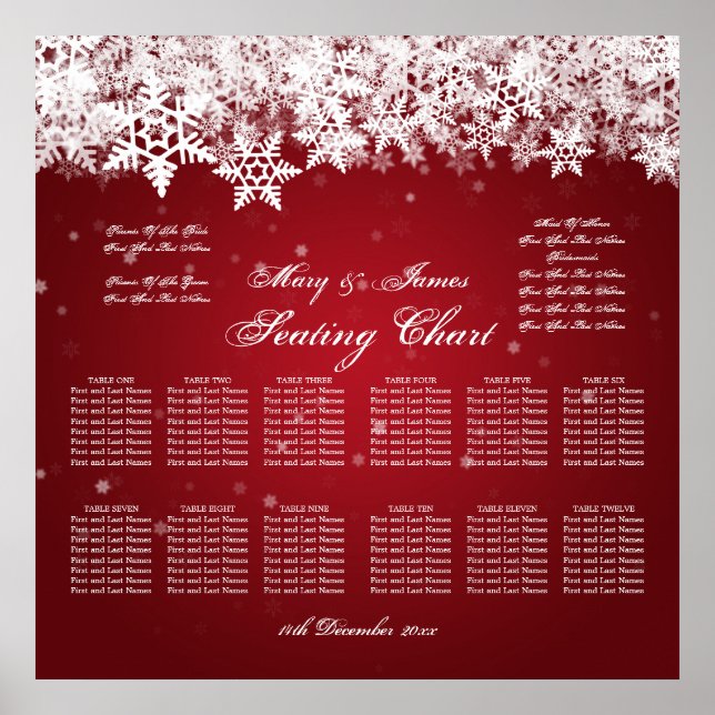 Elegant Wedding Seating Chart Winter Snow Red (Front)