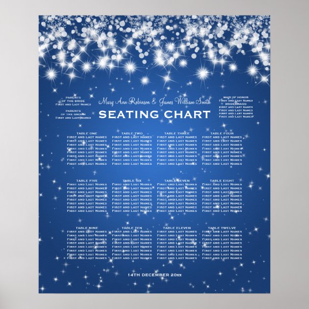 Elegant Wedding Seating Chart Winter Sparkle Blue Poster