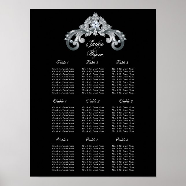 Elegant Wedding Seating Plan Chart Black Silver (Front)
