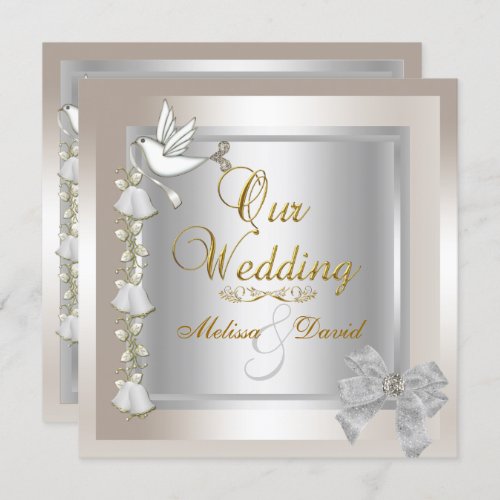 Elegant Wedding Sepia Gold Silver White Dove Invitation