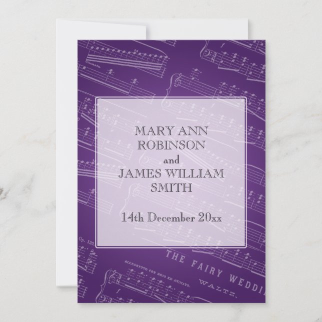 Elegant Wedding Sheet Music Purple Invitation (Front)