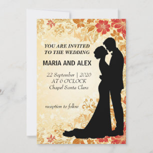 Elegant Wedding Silhouette Amid Floral Design Invitation