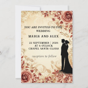 Elegant Wedding Silhouette Amid Floral Design Invitation
