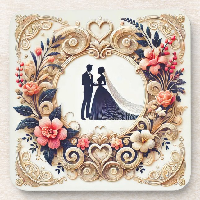 Elegant Wedding Silhouette Framed Beverage Coaster (Front)