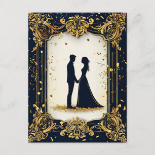 Elegant Wedding Silhouette with Ornate Golden Fram Postcard