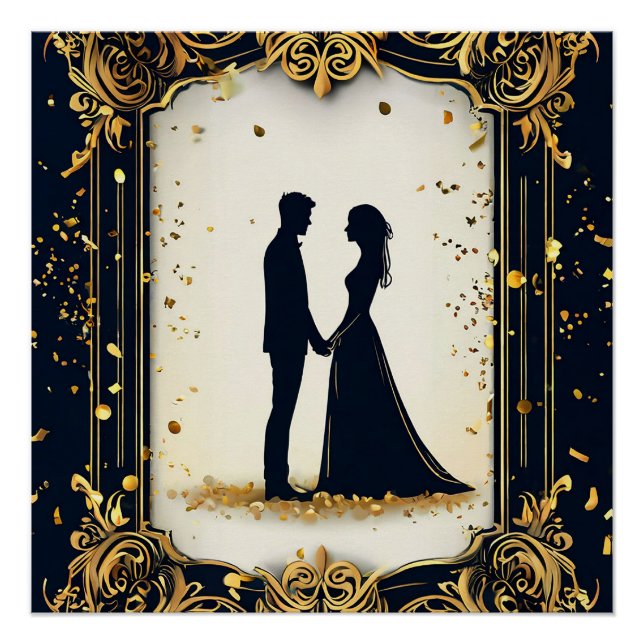 Elegant Wedding Silhouette with Ornate Golden Fram Poster (Front)