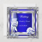 Elegant Wedding Silver Blue Floral Roses Invitation (Front)