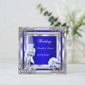Elegant Wedding Silver Blue Floral Roses Invitation (Standing Front)