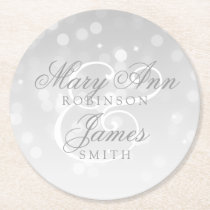 Elegant Wedding Silver Bokeh Sparkle Lights Round Paper Coaster