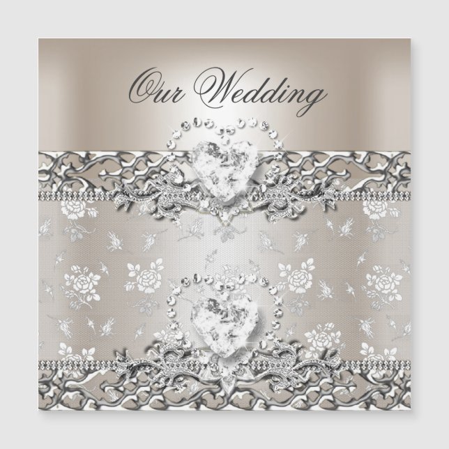 Elegant Wedding Silver Cream Diamond Heart Invitat (Front)