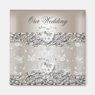 Elegant Wedding Silver Cream Diamond Heart Invitat Magnet