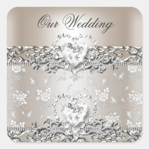Elegant Wedding Silver Cream Diamond Heart Invitat Square Sticker