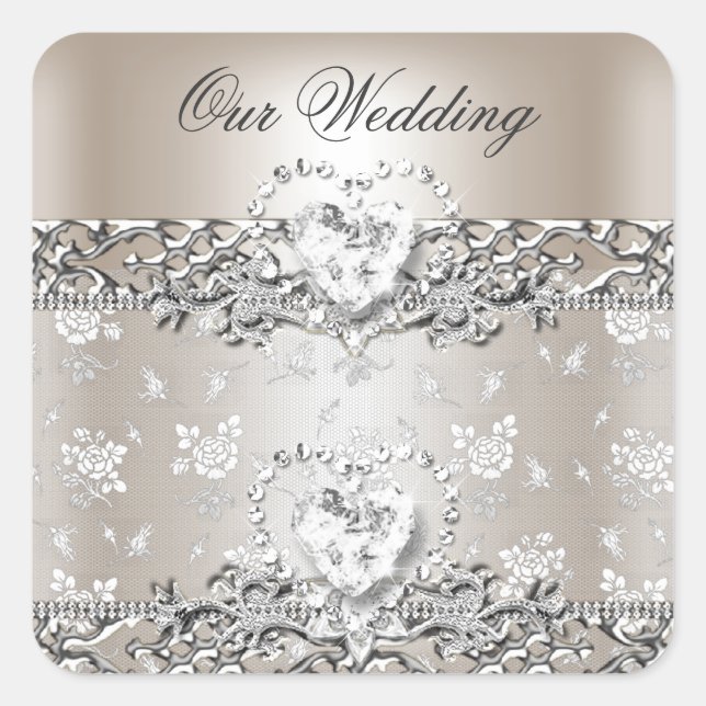 Elegant Wedding Silver Cream Diamond Heart Invitat Square Sticker (Front)