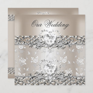 Elegant Wedding Silver Cream Diamond Heart Invitation