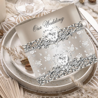 Elegant Wedding Silver Cream Diamond Heart Invitation