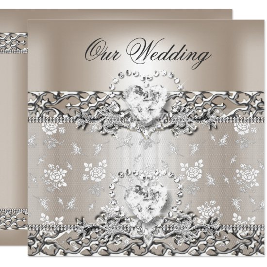 Elegant Wedding Silver Cream Diamond Heart Invitation