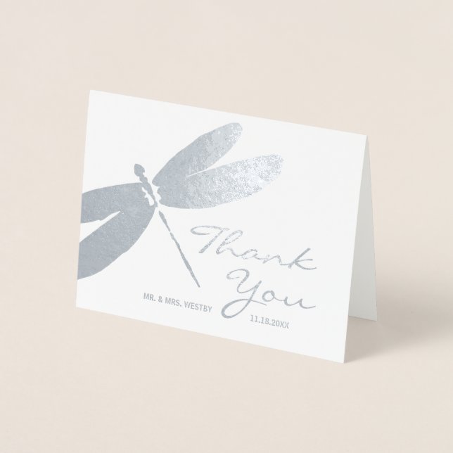 Elegant Wedding Silver Dragonfly Thank You Cards (Front)