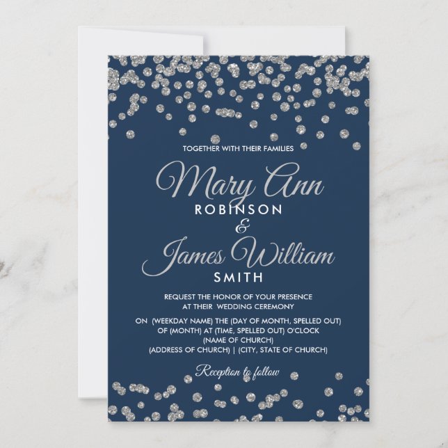 Elegant Wedding Silver Faux Glitter Confetti Navy Invitation (Front)