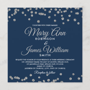 Elegant Wedding Silver Faux Glitter Confetti Navy Invitation
