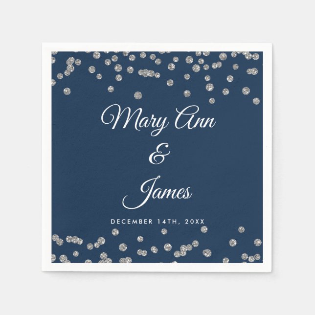 Elegant Wedding Silver Faux Glitter Confetti Navy Paper Napkins (Front)