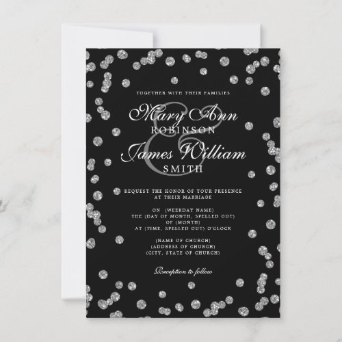 Elegant Wedding Silver Glitter Confetti Black Invitation